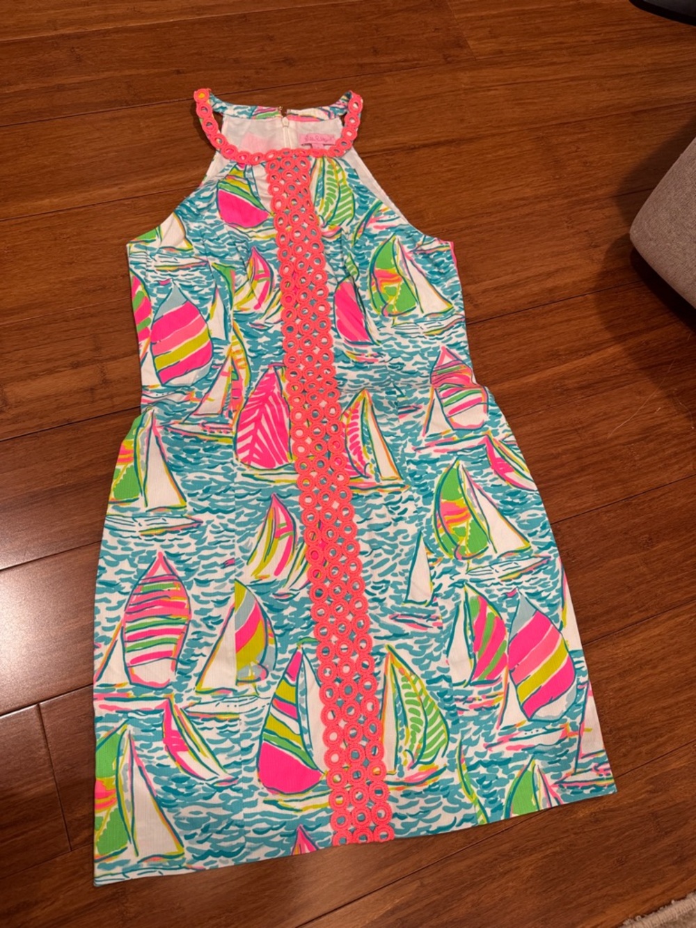 Lilly Pulitzer Multicolor Sailboat Print Halter Dress with Pink Trim